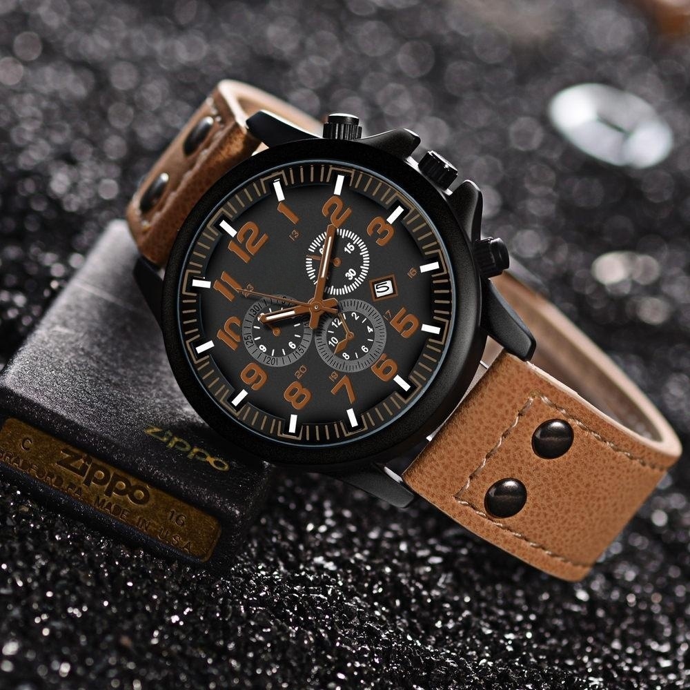 Casual men's quartz watch  Three-Eye fashion calendar watch double nail PU men's watch_voghion.com