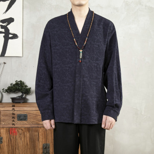 2023 autumn and winter New Chinese style men's cotton linen linen improved Hanfu men's retro new Chinese casual shirt