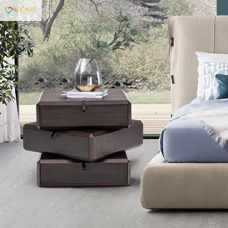 Italian Style Minimalist Rotating Bedside Table Storage Simple Modern Solid Wood Light Luxury Creative Bedroom Storage Cabinet Bedside Cabinet