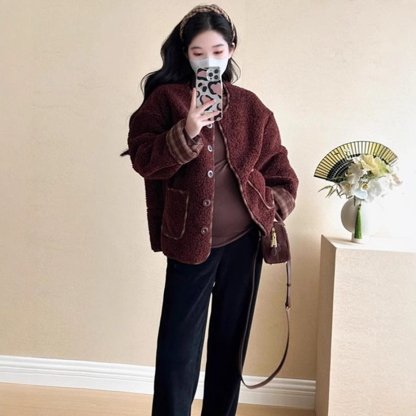 임산부복 세련되고 스타일리쉬한 루즈 캐주얼 패셔너블 다용도 두꺼운 양털 코트 가을 겨울 신상품