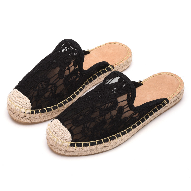 Chaussures décontractées respirantes en maille souple pour femmes, printemps/été, avec demi-chaussures creuses, sandales en lin et en tricot_voghion.com