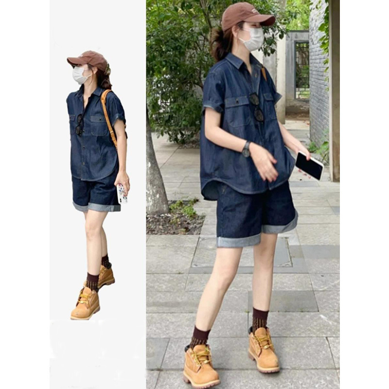 Hong Kong Style Retro Casual Denim Shirt Jacket Summer New Loose Slimming All-match Wide Leg Shorts Two-piece Set