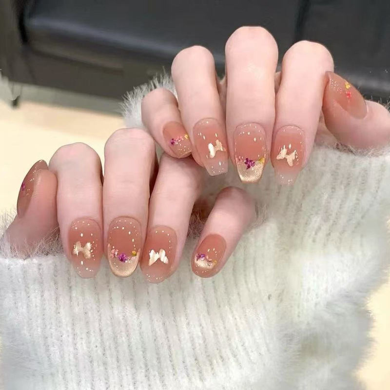 Handmade Nails, Nude Color, Sparkling Cat's Eye, Dried Flowers, Butterfly, Gentle Nails, High-End, Sweet and Fresh Manicure
