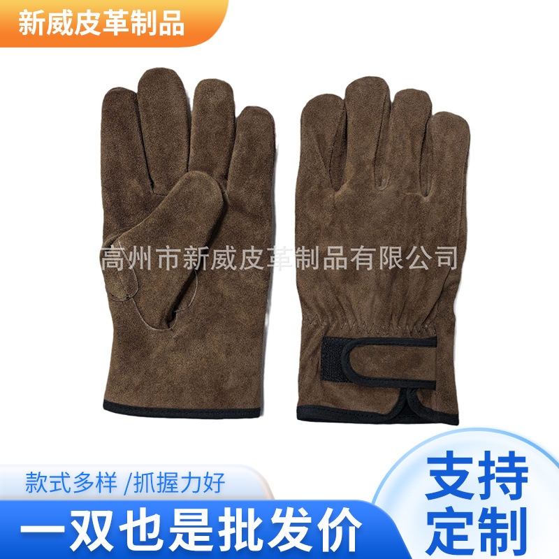 牛二层皮啡色司机加魔术贴手套耐磨隔热手套防刺防割手套防护手套