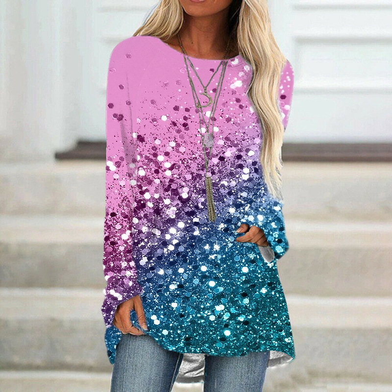 Foreign trade cross-border Europe and the United States 2023 new women's abstract pattern 3D printing loose round neck long sleeve long T-shirt