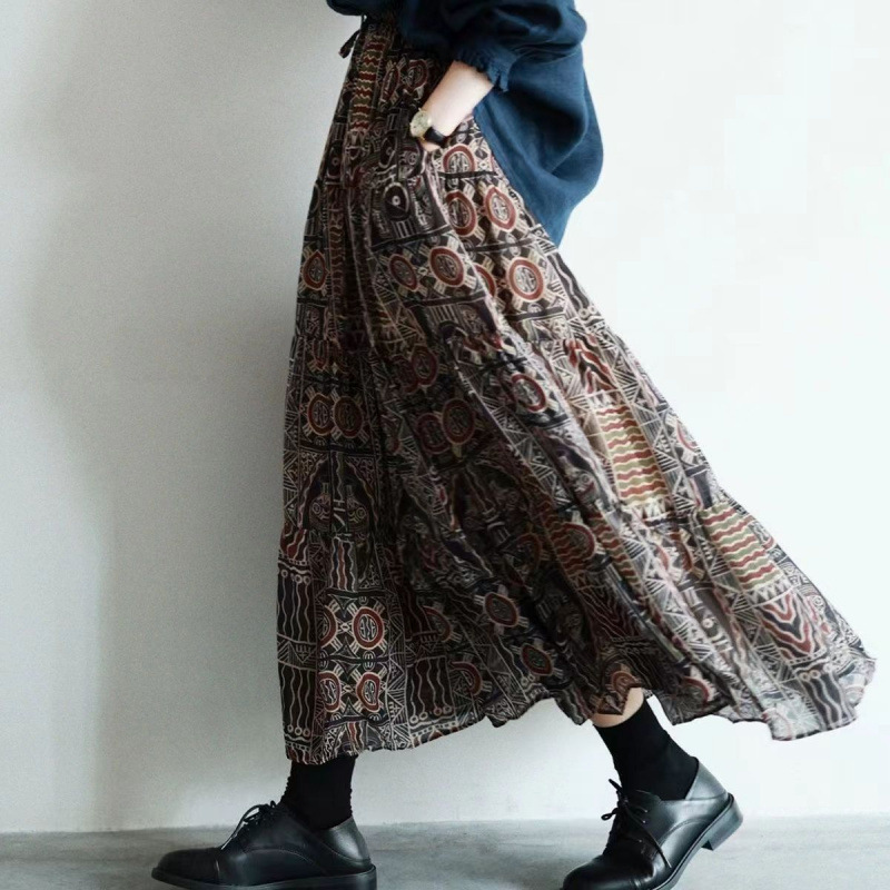 Original Design Exoticism Retro Calm Double-Layer Large Swing Printed Skirt Double-Layer Spring and Summer