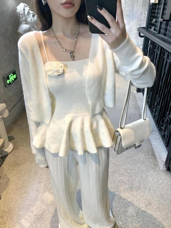 小香风毛衣套装裤女复古针织开衫荷叶边收腰吊带高腰阔腿裤三件套|undefined