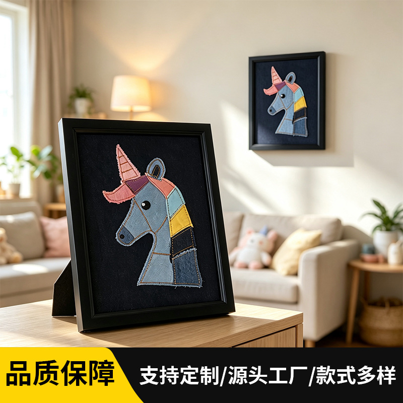 Vintage Washed Denim Unicorn Patchwork Picture Frame Children's Room Wall Fabric Decoration Handmade Gift Souvenir