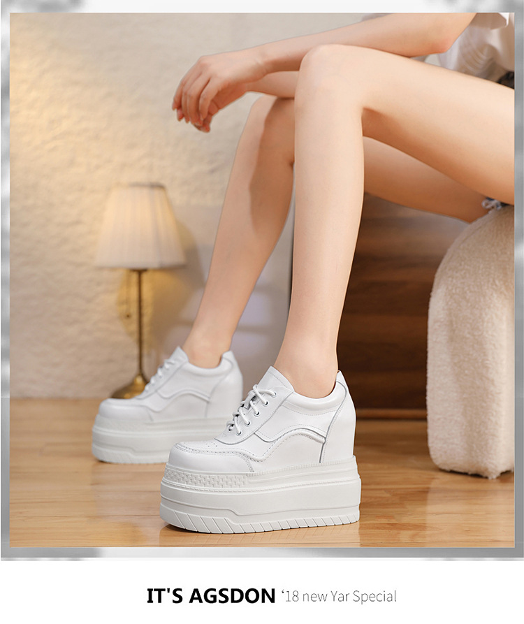 Giày trắng da thật tăng chiều cao 12cm, đế xuồng platform đa năng — Trắng đen-10 chi tiết 7
