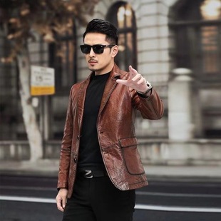 New Haining Leather Jacket Men's Korean Style Trendy Slim Handsome Short Casual Suit Collar Leather Jacket Men's Jacket
