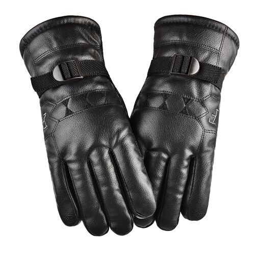 Men's winter motorbike gloves with plush lining, thick insulation, windproof, cold-resistant, anti-slip PU leather outdoor riding large cotton gloves