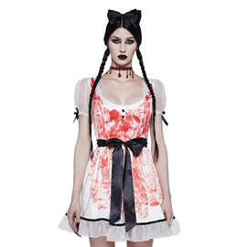 欧美跨境外贸万圣节印花蕾丝连衣裙 附身娃娃系带腰带女裙SU4175