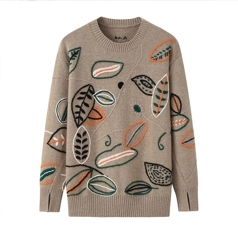 歐美高端重磅純羊絨衫女圓領加厚時尚刺繡套頭毛衣寬松顯瘦打底衫