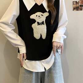 现货实拍2025春装新款胖mm大码女学院风毛巾绣针织背心衬衣假两件
