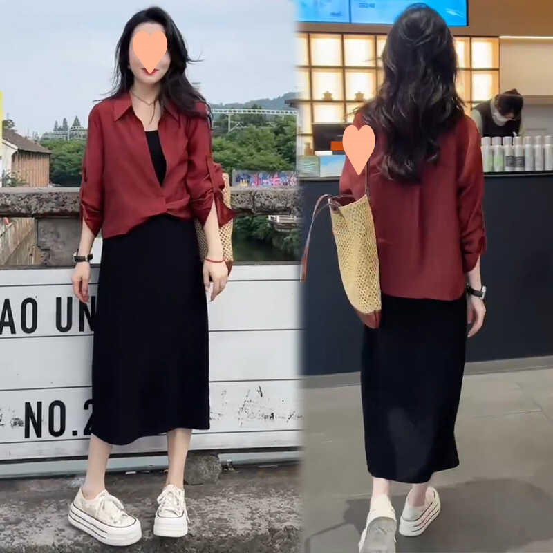 秋の女性服の完全なセット 2025 新しいファッションデザイン長袖シャツサスペンダードレス 2 枚|undefined