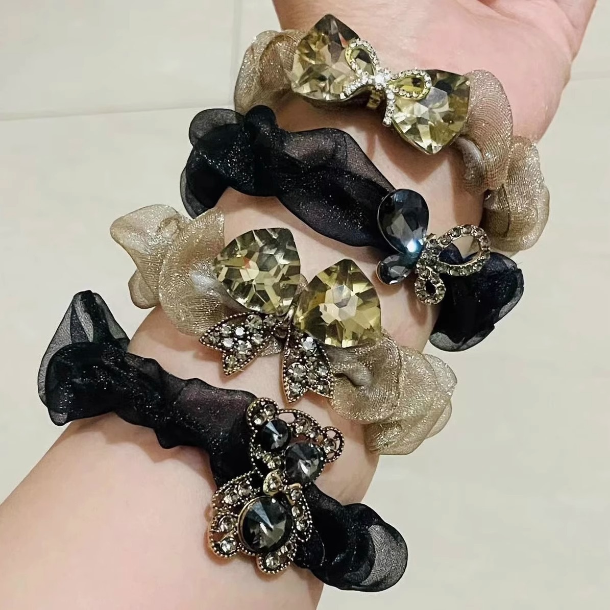 Eugen filato strass intestino tenue fascia per capelli coda di cavallo elastico alto elastico per capelli corda per capelli filato a rete fiocco incastonato di diamanti set di corde per capelli_voghion.com