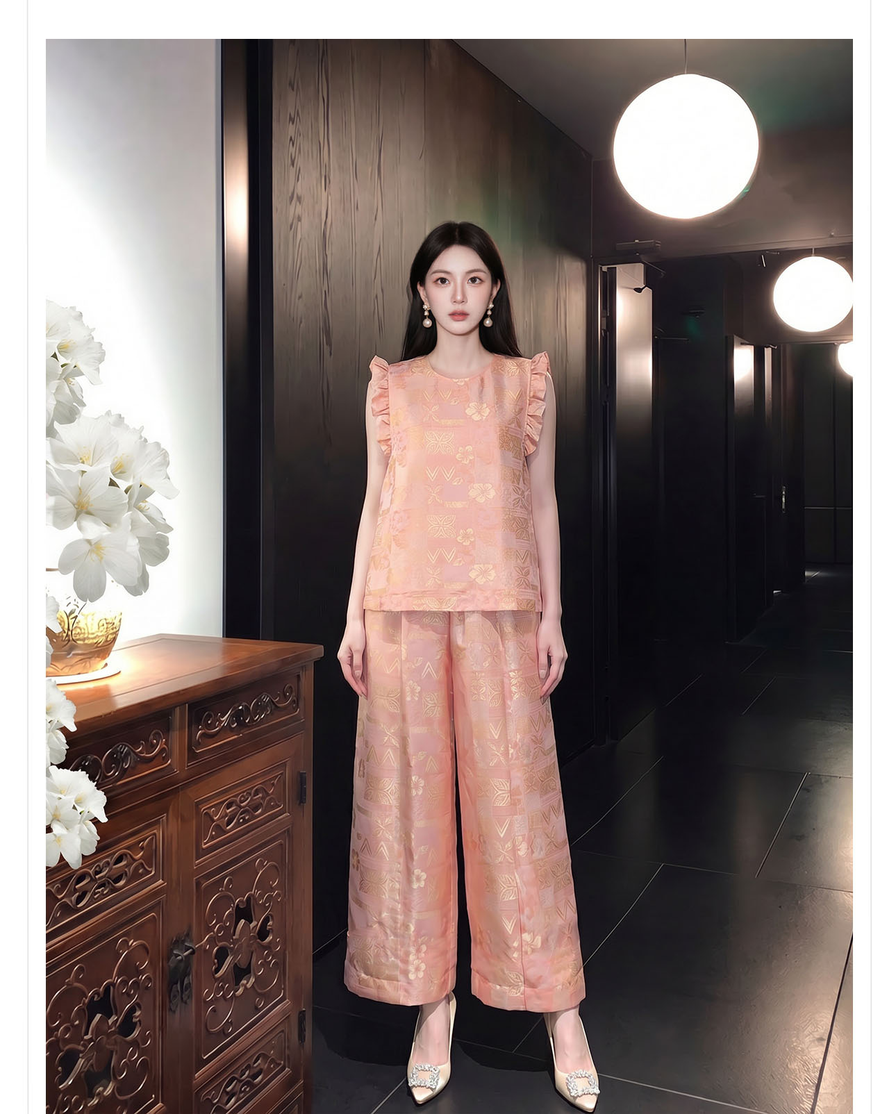 Bộ đồ nữ mùa hè phong cách tân trung hoa áo tay lửng phối quần ống rộng họa tiết jacquard — Trang chủ, bộ đồ, Quần dài chi tiết 6