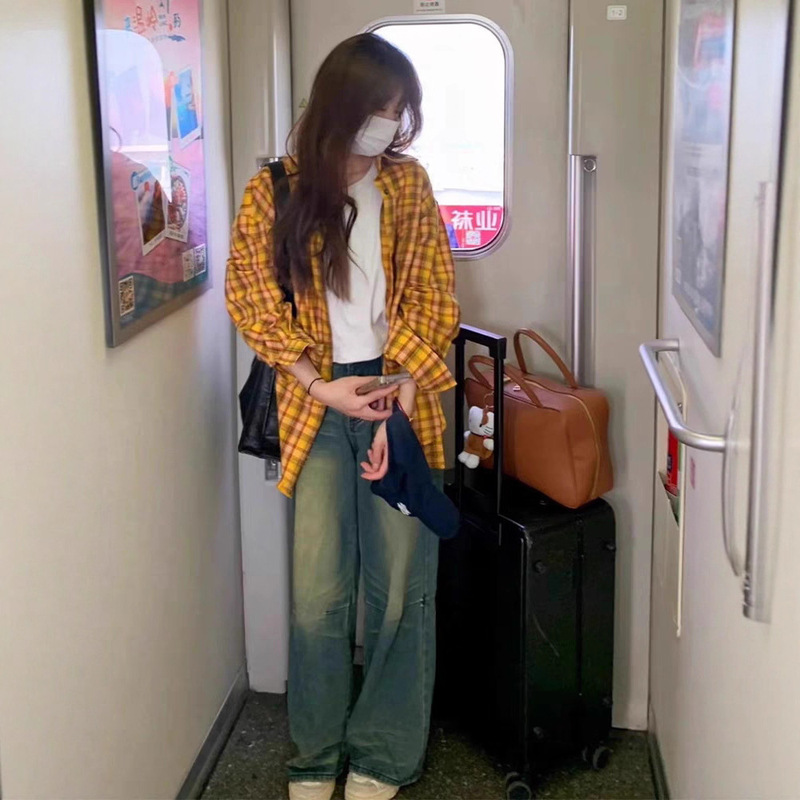 American-Style Yellow Plaid Shirt for Women, Retro Couple's Top, New Spring Dopamine Shirt Jacket, Loose Casual Wear