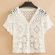 夏季2025年新款韩版外搭钩花镂空短袖上衣v领毛针织衫蕾丝开衫