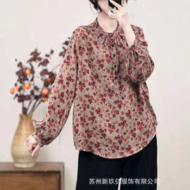 12025秋季新款 双层棉纱印花衬衫女木耳领碎花长袖套头衫文艺衬衣