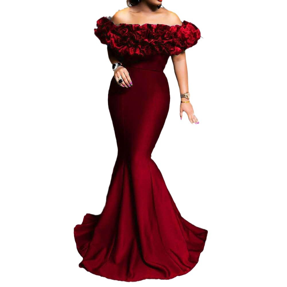 Damenbekleidung neues elastisches Strickgürtel-Anti-Lotusblatt-Schulter-kleines Schwanz-langer Rock-Kleid_voghion.com