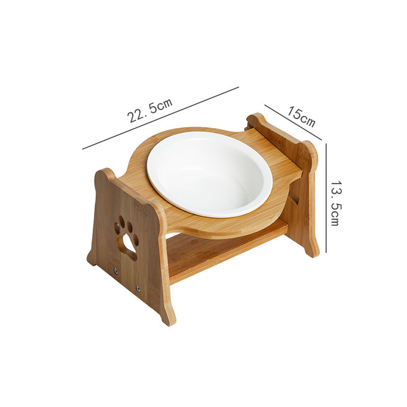 Protector de cuello ajustable de madera para gatos, tazón doble, estante para tazón de cerámica para gatos, estante para tazón para perros anti-volcado