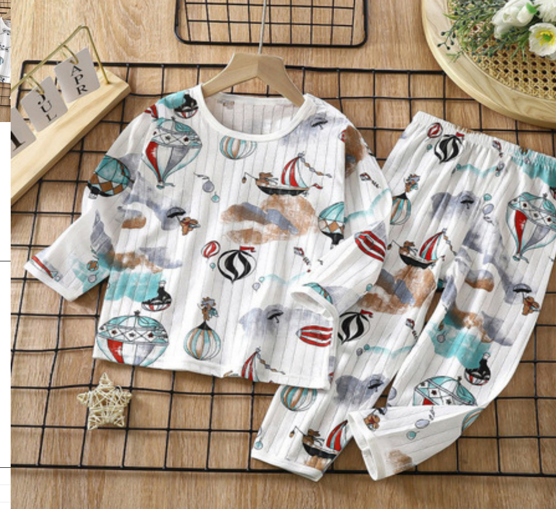 Ropa de aire acondicionado de algodón para niños y niñas pijamas de verano de manga larga sin hueso delgada algodón