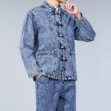 中国风男装牛仔夹克男套装复古盘扣刺绣唐装青年立领宽松潮牌外套