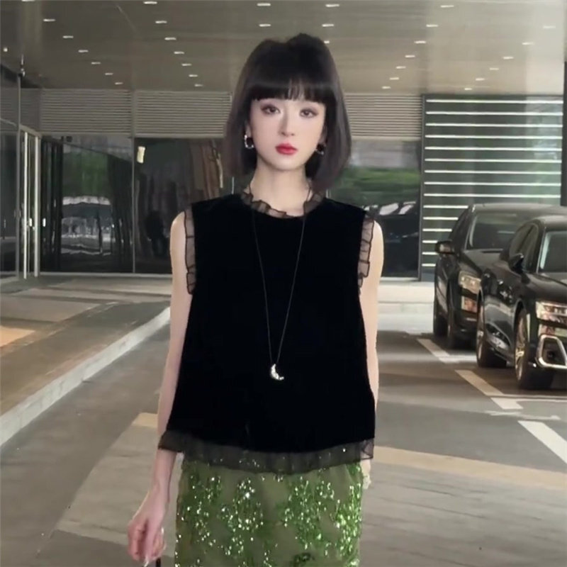 Black Ruffled Edge New Chinese Style Velvet Sleeveless Shirt for Women, 2026 Summer New Fashion Versatile Design Top