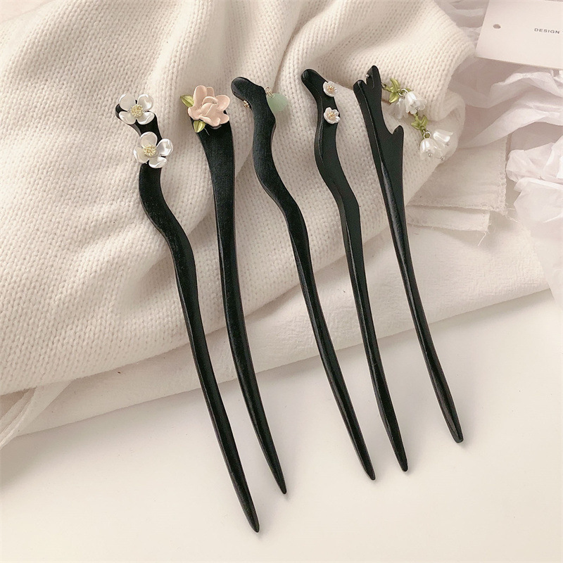 Pin de cabello de madera de sándalo femenino elegante flores de perlas detrás de la cabeza de la caja de cabello artefacto pin de cabello de estilo antiguo pin de cabello de alta calidad