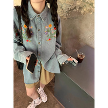 2025春秋冬季新款复古刺绣牛仔衬衫外套中长款宽松设计长袖上衣潮