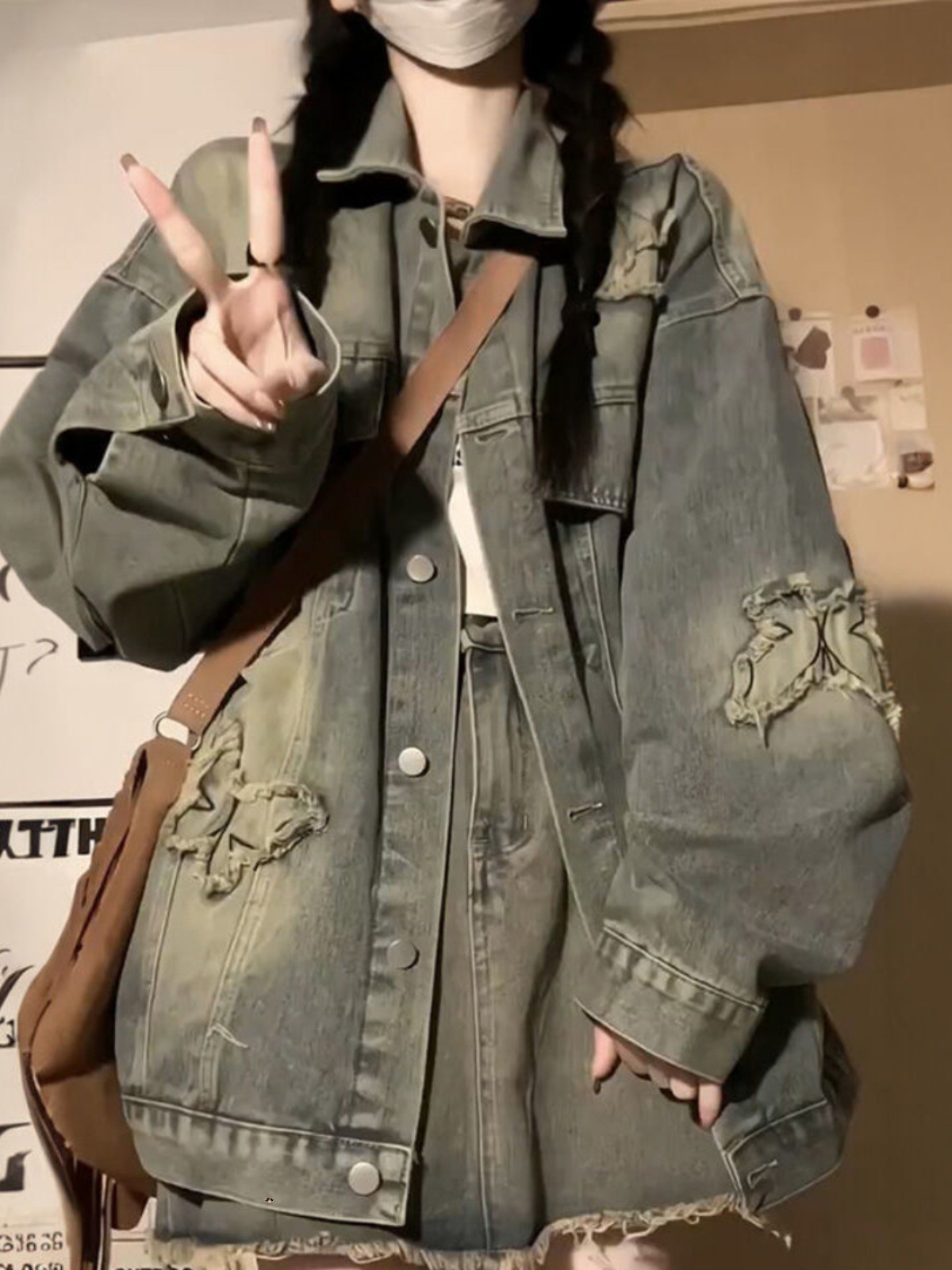 Long denim autumn demi-season design retro jacket