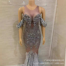 现货演出服明亮的水晶亮片优雅的鱼网连衣裙 露肩婚纱礼炮