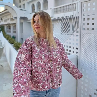 Cross-border European and American women's AliExpress explosion round neck cardigan flower pattern cotton coat