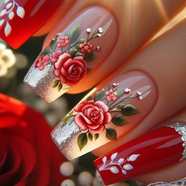 Cross-Border Hot-Selling Long Square Shiny Dark Green Background Clover Pattern Manicure Pieces 24 Pieces of Fake Nails