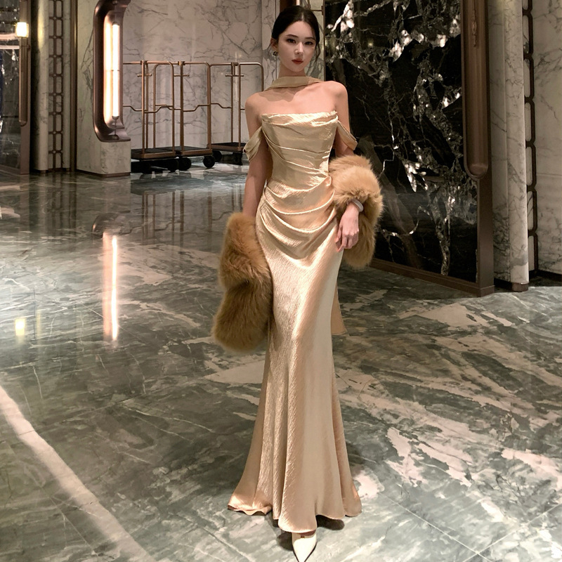 Amber Shimmering Light Gold Strapless Engagement Dress, Light Luxury Bridal Toast Dress, Morning Gown Dress