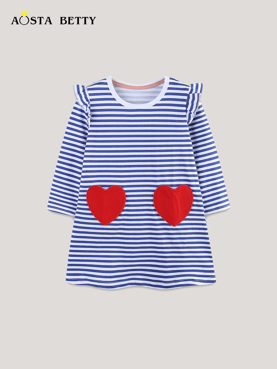 25 otoño nuevo vestido de niñas Europa y Estados Unidos rayas mangas voladoras falda de princesa de algodón de punto de bolsillo amor falda de niño