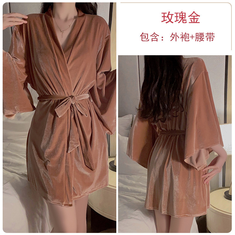 瑰若纯欲甜美丝绒睡衣激情火辣低胸荡领睡裙开襟外袍家居套装2821|undefined