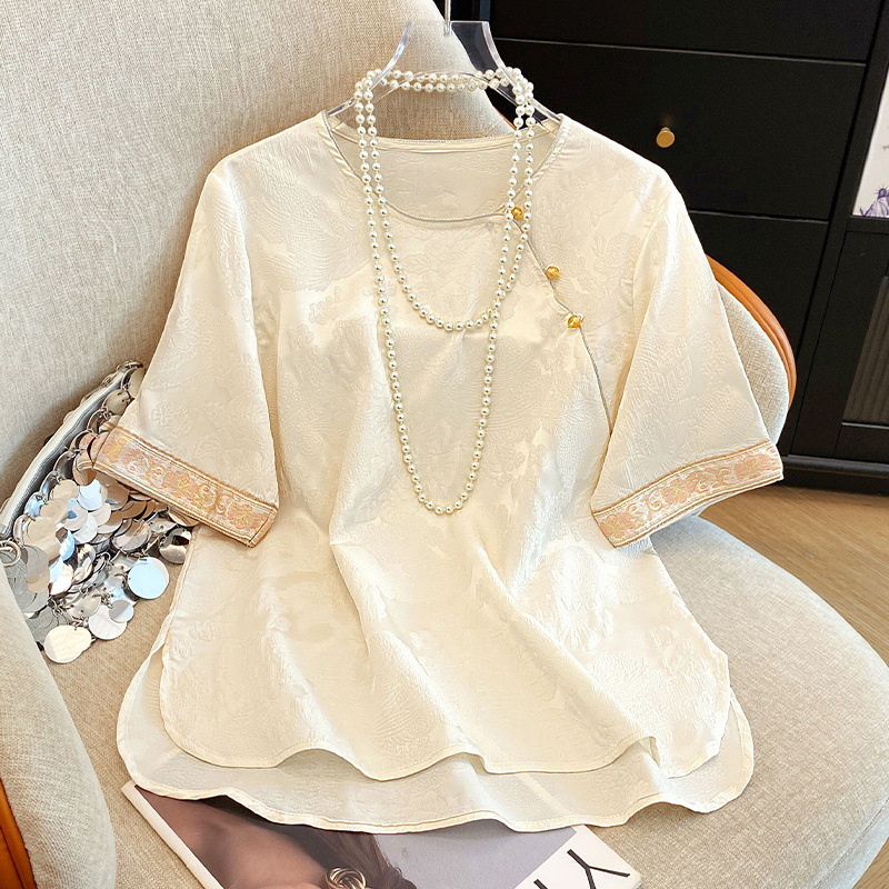 High-Quality Comfortable Age-Reducing Middle-Aged Women's New Chinese-Style Satin Shirt Summer Retro National Style Loose Slimming Shirt High-Quality Comfortable Age-Reducing Middle-Aged Women's New Chinese-Style Satin Shirt Summer Retro National Style Loose Slimming Shirt