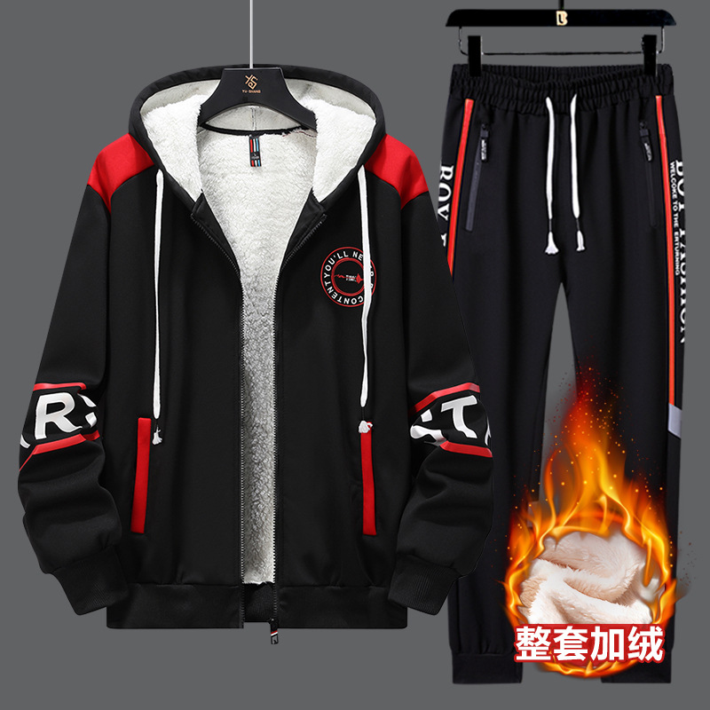 Invierno juvenil con camisa encapuchada gruesa, camiseta, pantalones casuales, ropa de moda al aire libre, hombre