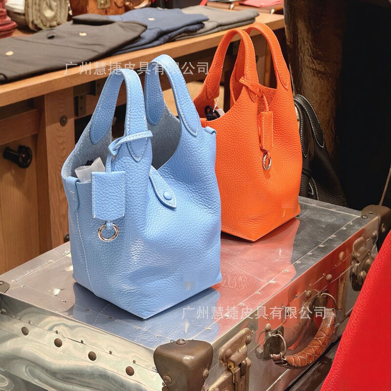 New Style Polo Basket Bucket Bag, First-Layer Cowhide Leather Handbag, Shoulder Bag, Crossbody Bag, Genuine Leather, Yellow, Small Size, Women's Tote Bag