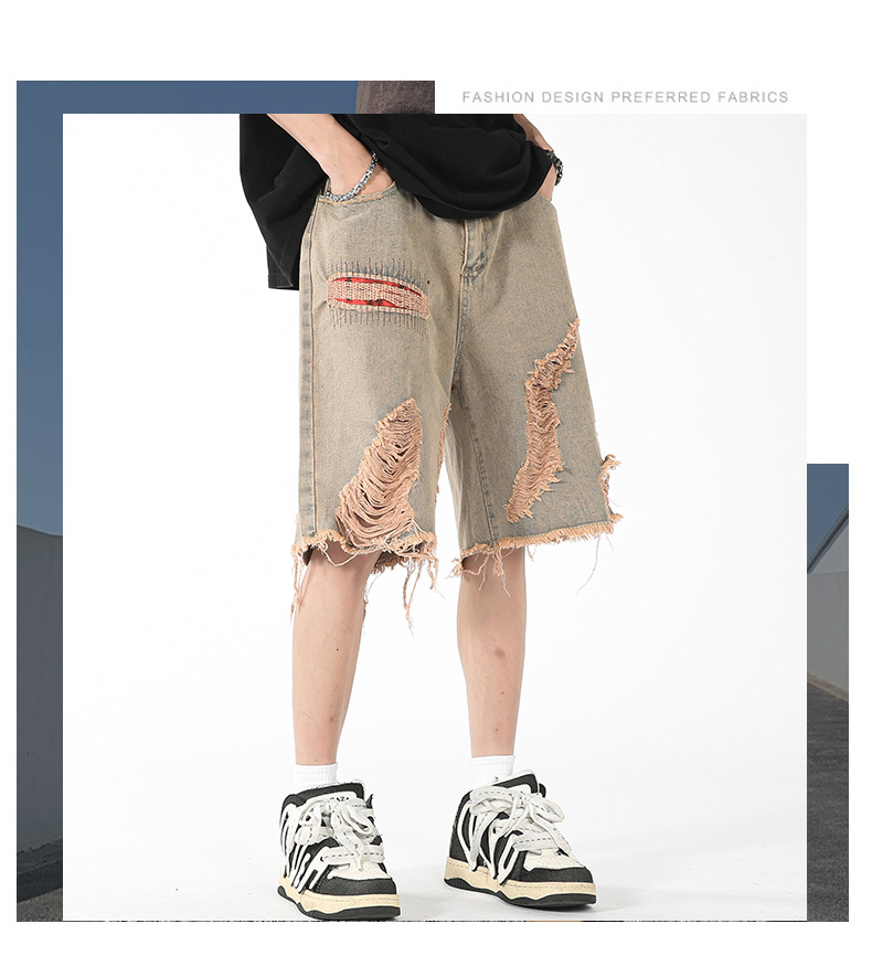 Jeans im amerikanischen Stil für Herren, 2024, Sommer, trendige Marke, Distressed-Denim-Shorts, Jugend, High Street, lockere, lässige Caprihosen_voghion.com