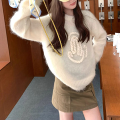 昆汀湿地 小众绳编白色毛衣设计感宽松圆领上衣女款秋冬