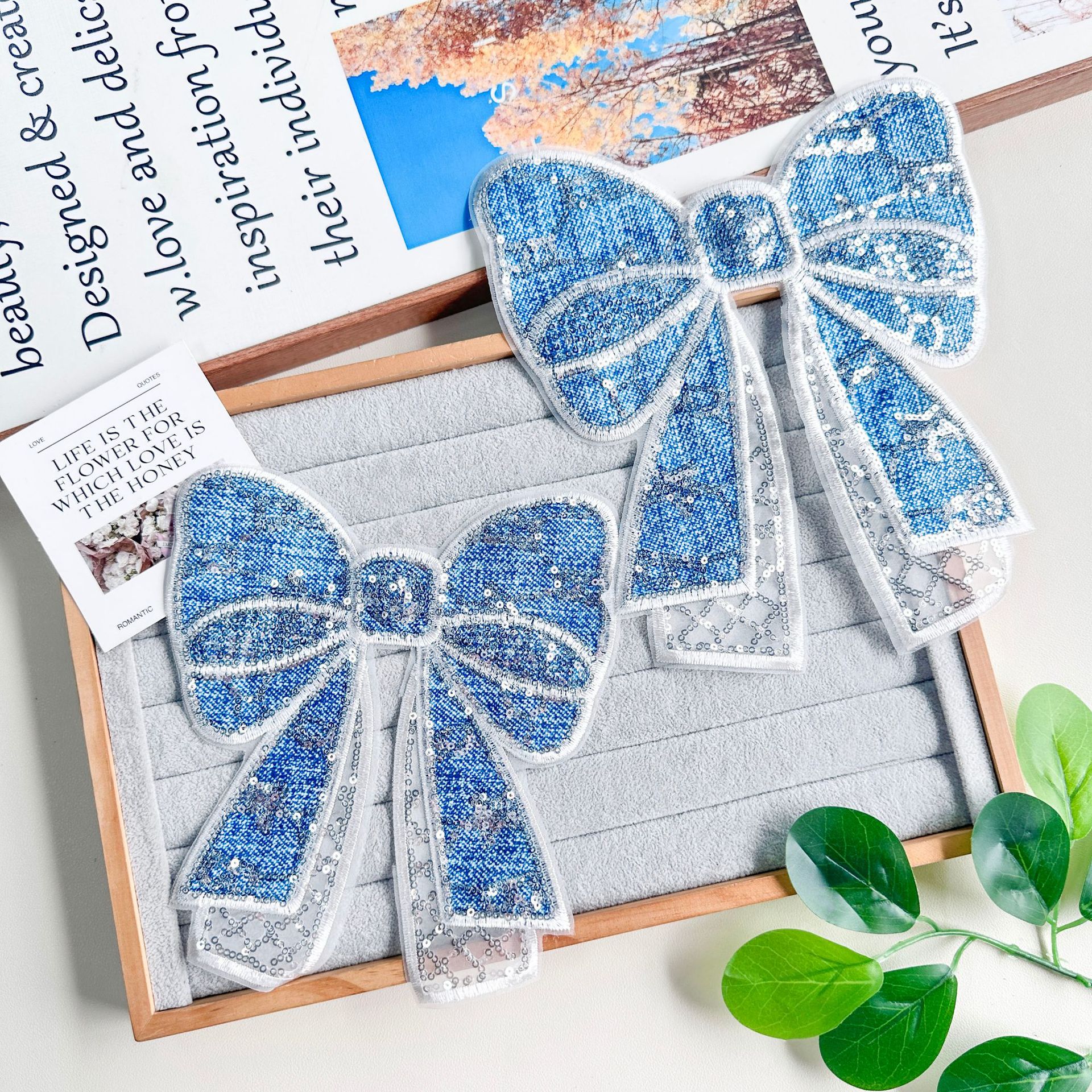 Azul sequilla borde de encaje arco tridimensional ropa camiseta suéter accesorios de ropa infantil decoración DIY hecha a mano image 4