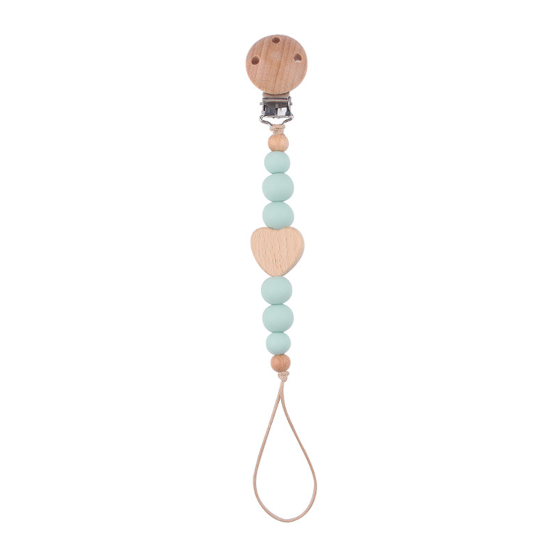 Productos para bebés Clip de chupete de madera de haya Dibujos animados de bebé creativo Amor de madera de haya Mordida de dreción de dientes Cadena de chupete anti-caída