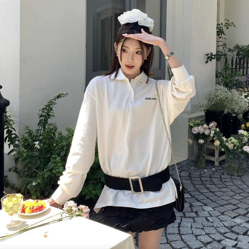 MIU系25SS新款纯色字母刺绣简约撞色翻领长袖宽松poloT恤上衣男女|undefined