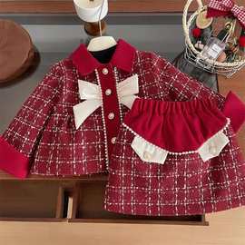2023冬季新款韩版女童格子红色小香风两件套女宝宝加厚气质裙套装