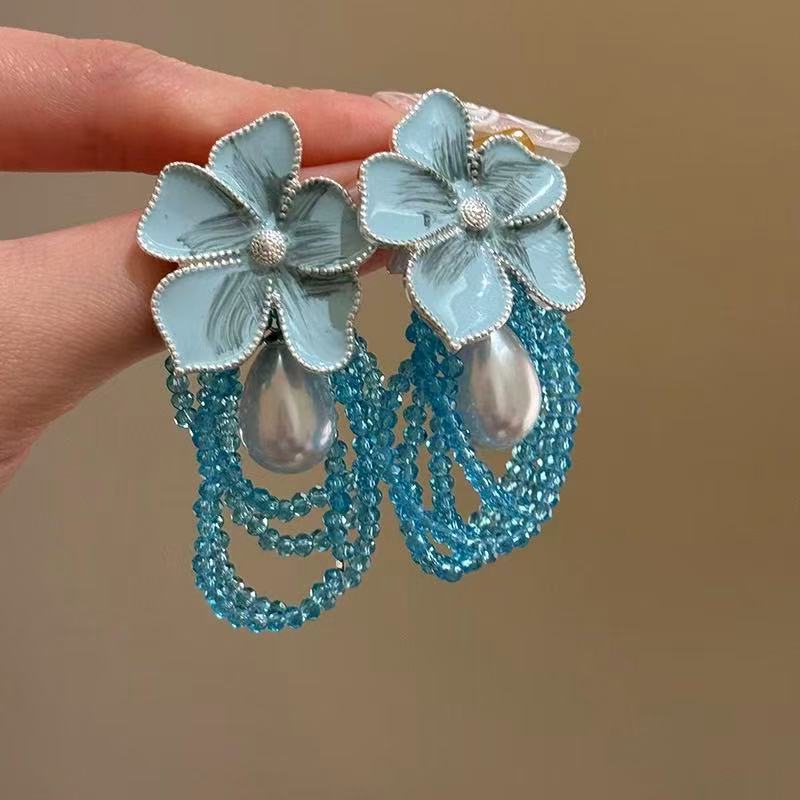 Pendientes de borla de cuentas de arroz de flor de gasa de aguja de plata Pendientes de todo fósforo de estilo de vacaciones Pendientes frescos y dulces para mujer