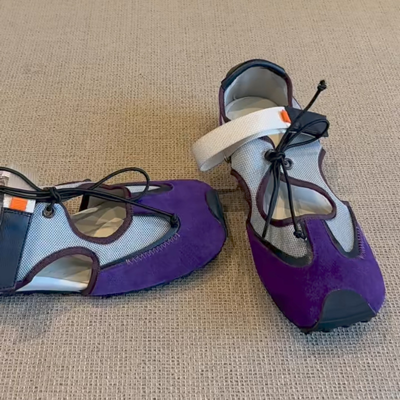 Versión de piel de oveja ~ Zapatos de senderismo deportivos retro feos y lindos para mujer, zapatos Mary Jane huecos casuales de todo fósforo, zapatos individuales con velcro