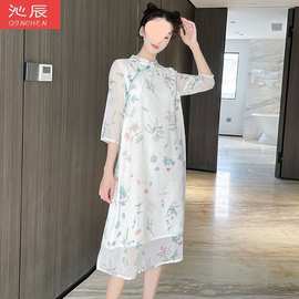 改良旗袍连衣裙夏2022民国风遮肚子印花文艺雪纺茶服仙气禅意长裙